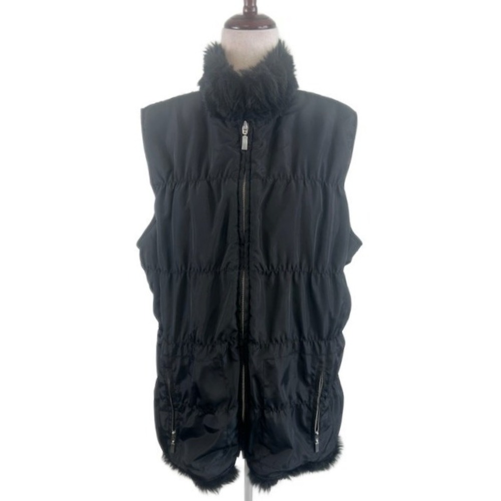 Chico's Puffer Vest Women's Size Large Black Faux Fur Trim Knit Back